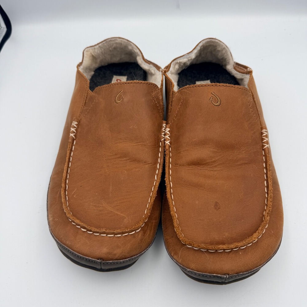 OluKai Moloa Slipper Mens 12 Toffee Leather Shearling Moccasin 10252-3363